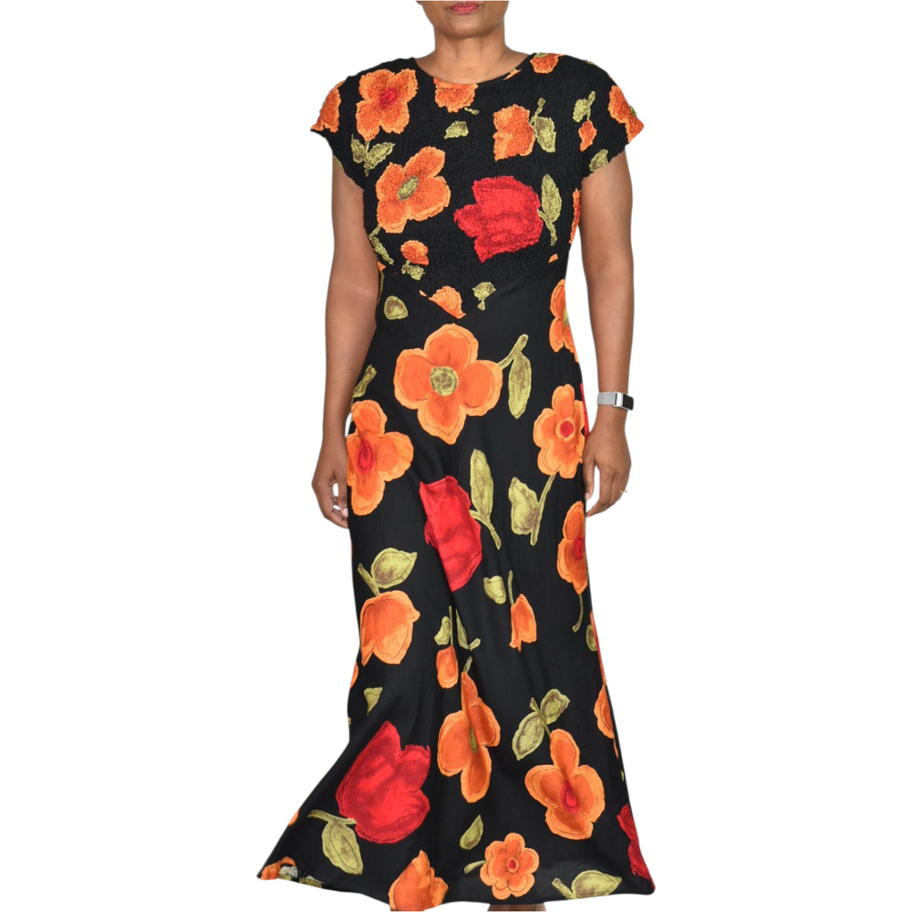 Jeffrey Dara Vintage Floral Maxi Dress Black Floral Flower Rayon Column 8 Medium